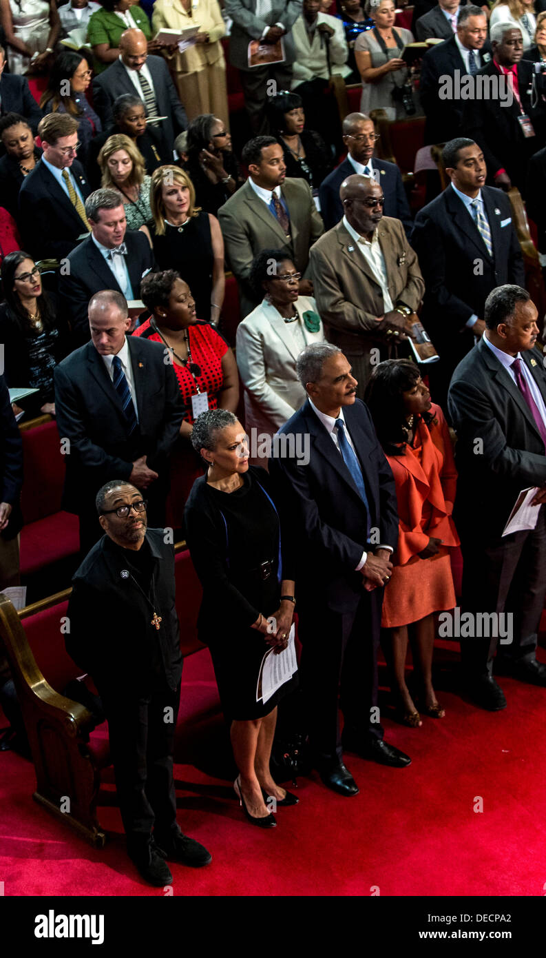 Birmingham, Alabama, USA. 15th Sep, 2013. From left, SPIKE LEE, SHARON MALONE HOLDER, U.S. Attorney General ERIC HOLDER, Congresswoman TERRI SEWELL (D-AL) and Rev. JESSE JACKSON attend the16th St. Baptist Church during the official commemoration of the 50th anniversary of the bombing that killed the four little girls. © Brian Cahn/ZUMAPRESS.com/Alamy Live News Stock Photo