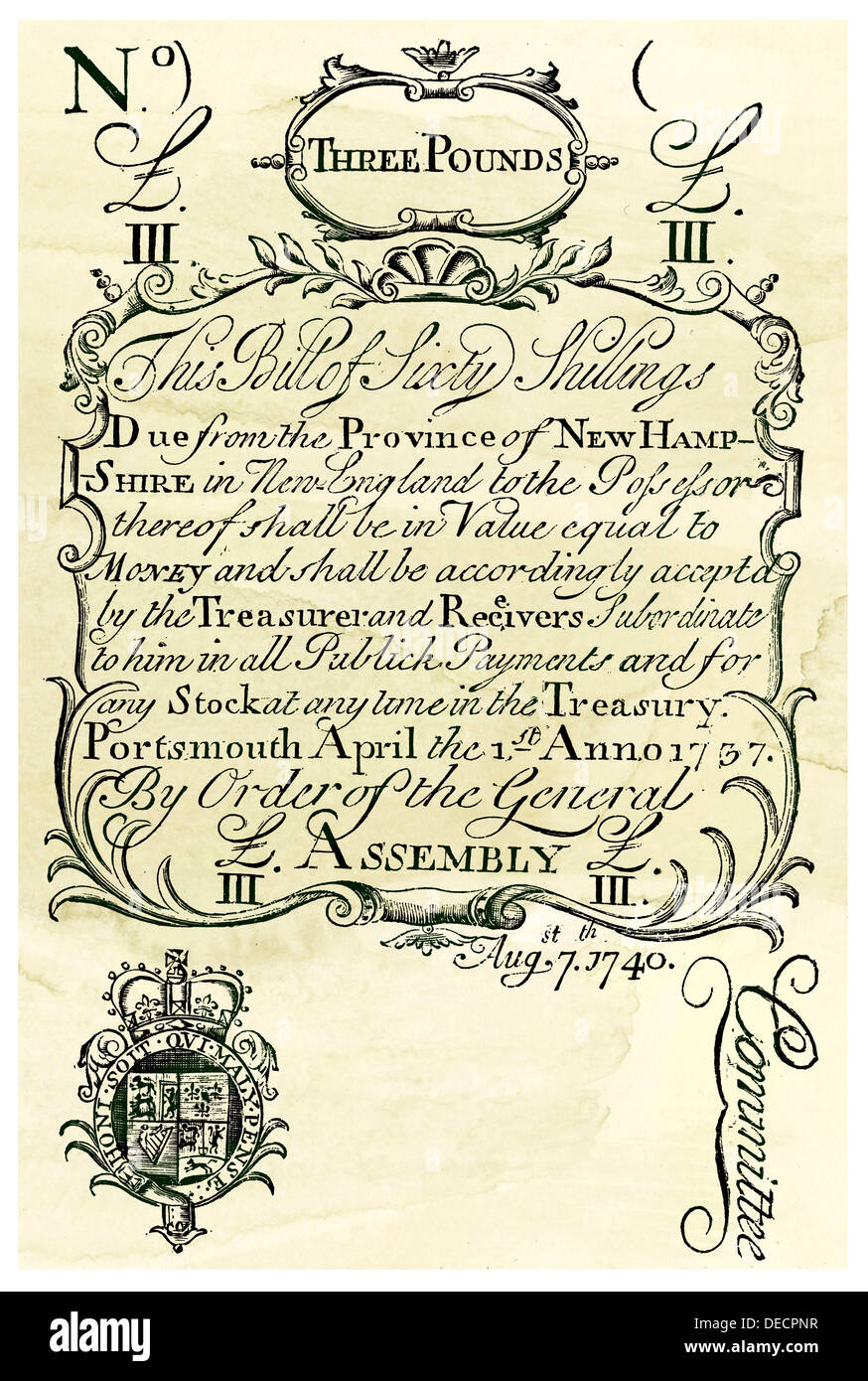 Colonial New Hampshire threepounds currency, 1740. Woodcut with a
