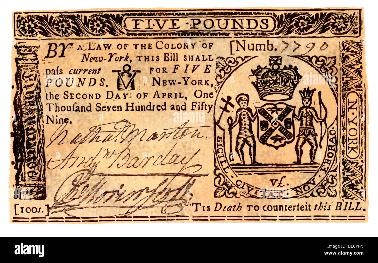 Colonial five-pounds money of New York, 1759. Hand-colored woodcut Stock Photo