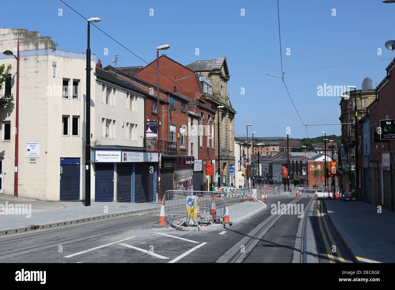 drake street rochdale with work taking place to run trams into the town