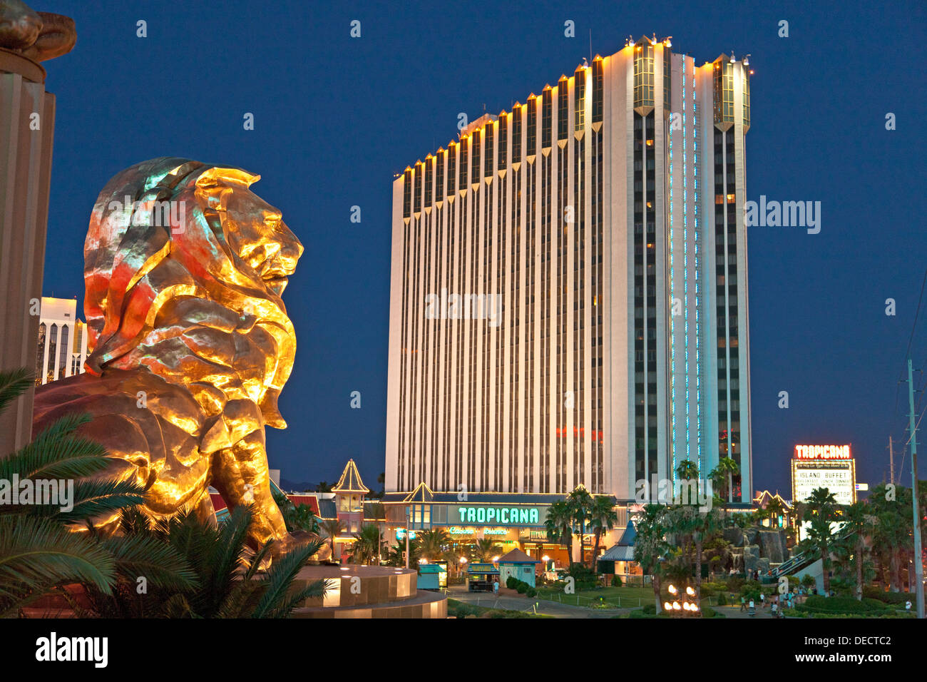Towards the Tropicana from Leo the Lion bronze statue outside MGM Grand Hotel & Casino, Las Vegas, Nevada, USA at dusk. JMH5410 Stock Photo