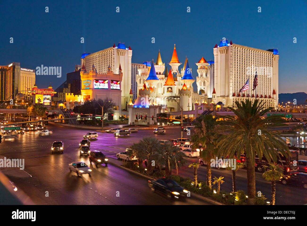 Excalibur Hotel and Casino viewed from across the South Las Vegas Boulevard by the MGM Grand at night. JMH5411 Stock Photo