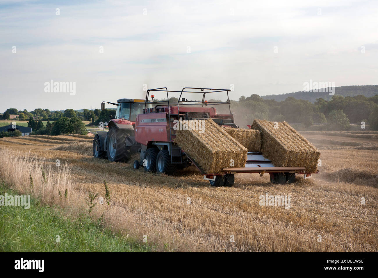 A red Massey Ferguson tractor and baler baling straw in open countryside. Stock Photo