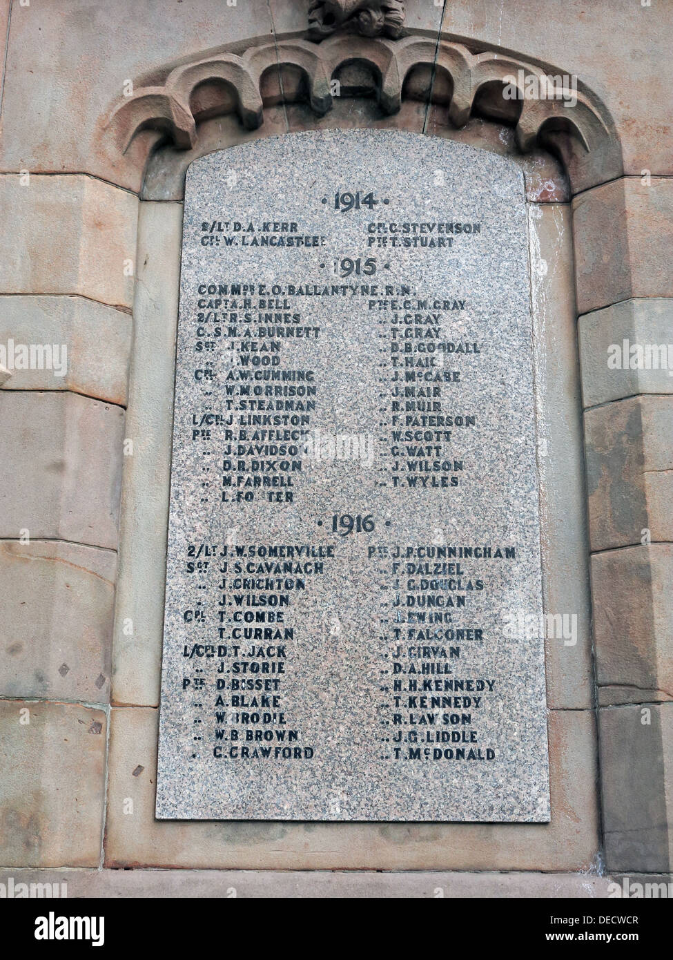 Inscriptions on Dalkeith War memorial 1914-19, Midlothian,Scotland,UK - List of men Stock Photo