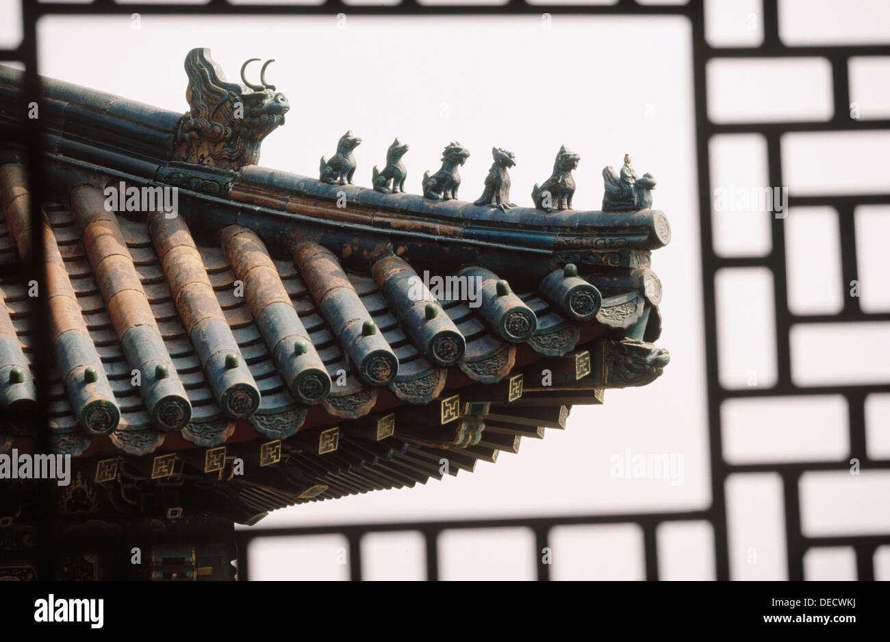 Decoration at the roof top to to frighten away the mad spirits. Foxiangge (Pavilion of Buddha´s Fragrance). Summer Palace. Stock Photo