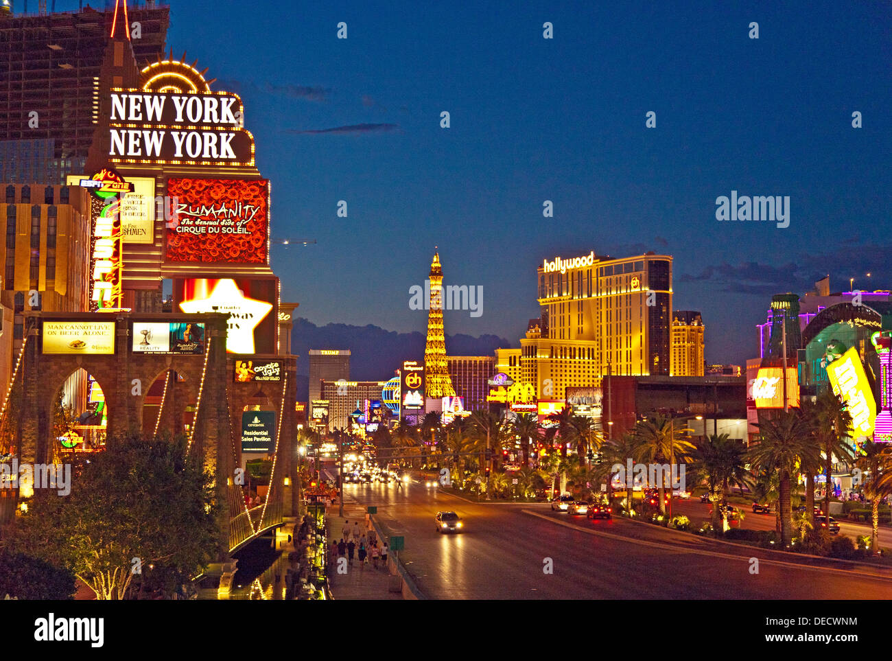 Looking North along the Strip to Paris and Hollywood from New York-New York at dusk. JMH5414 Stock Photo