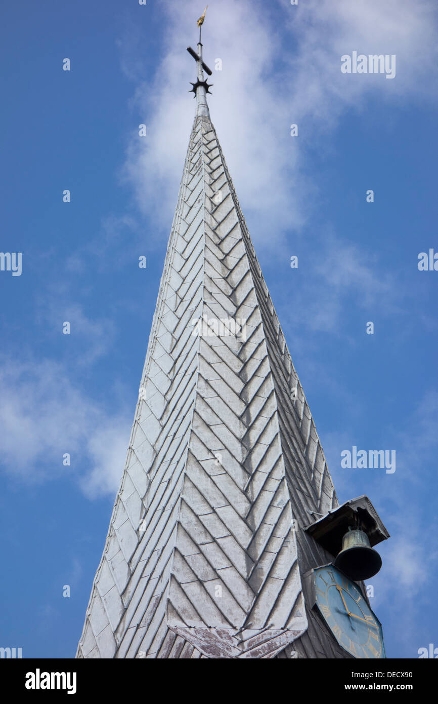 The spire, clock and bell of St Mary's church in Hadleigh, Suffolk, England. Stock Photo