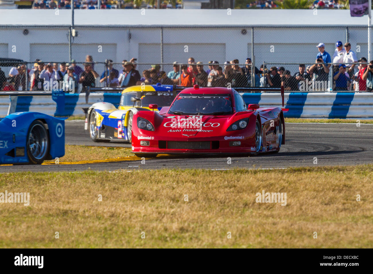 Gainsco Corvette Grand Am race car in a turn at Daytona International Speedway during the 2012 Rolex 24 at Daytona, Florida Stock Photo