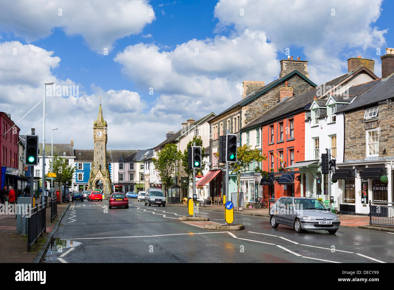 View down Heol Maengwyn in the town centre with the clock tower in the distance, Machynlleth, Powys, Wales, UK Stock Photo