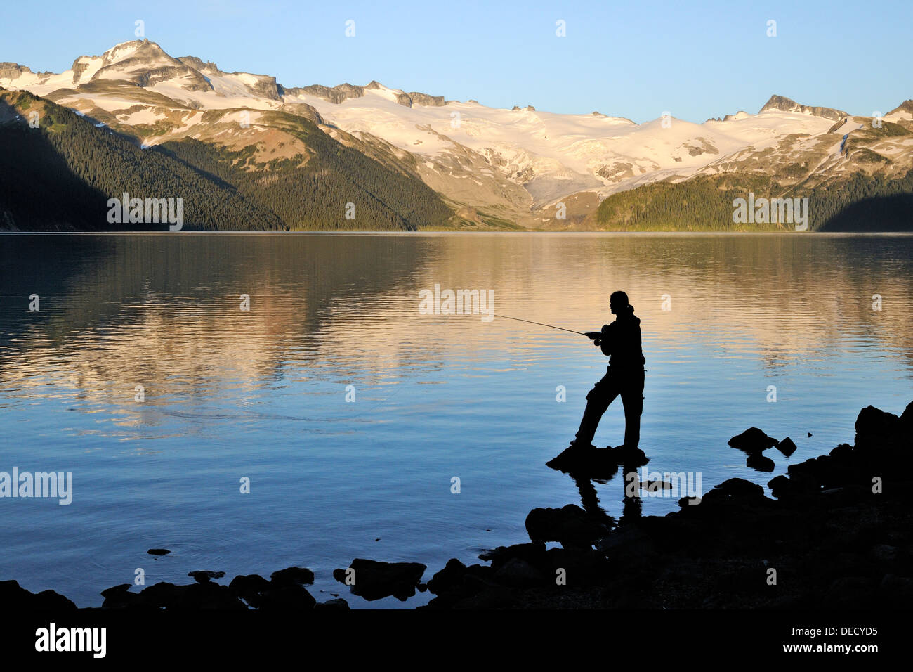Fisherman, Garibaldi Lake, Garibaldi Provincial Park, British Columbia, Canada Stock Photo
