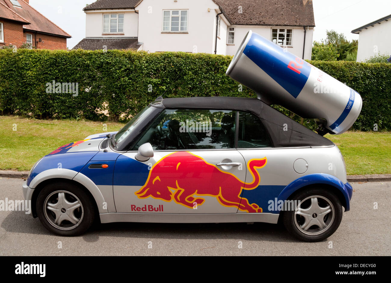 A blue / red / gray Red Bull print pattern Mini Cooper car, outside News  Photo - Getty Images