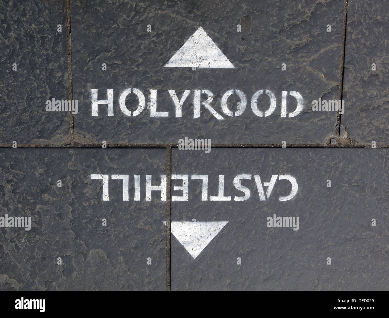 Pavement choices Sign for Holyrood Castlehill  or High St Royal Mile Edinburgh Scotland UK - up or down Stock Photo