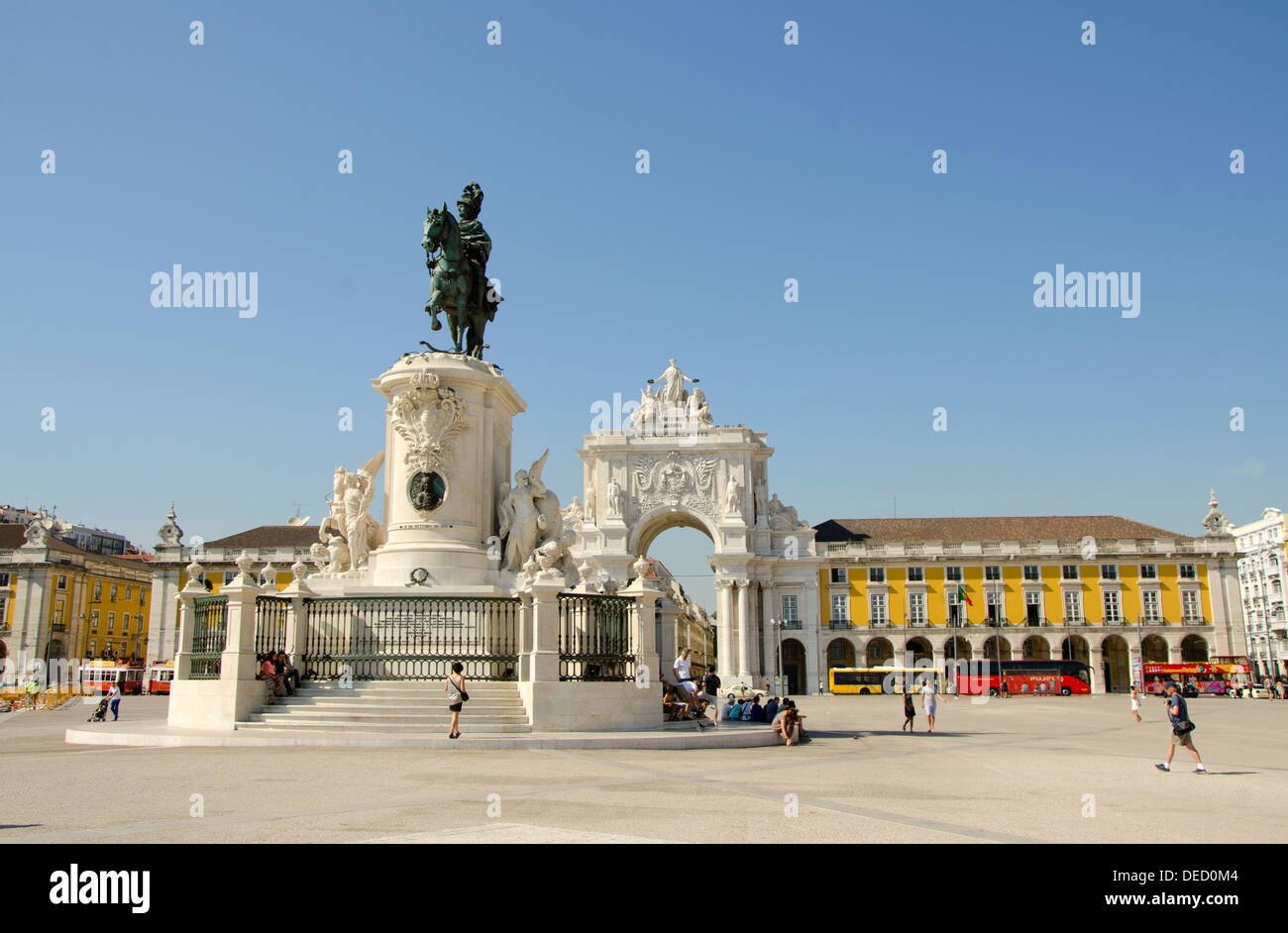Commerce square or Palace square in the city of Lisbon with statue of