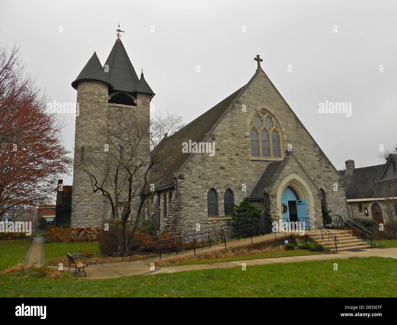 St Mary's Episcopal Church in Wayne Pennsylvania at Louella and Lancaster in Downtown Wayne Historic District. Stock Photo