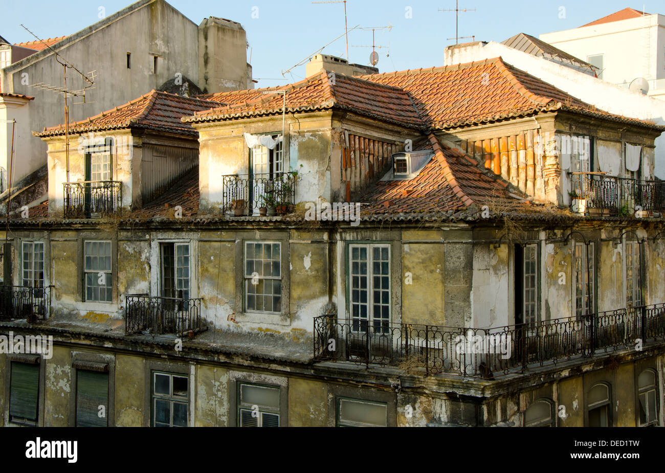 Deteriorated building in a street in downtown Lisbon. Baixa Chiado. Portugal Stock Photo