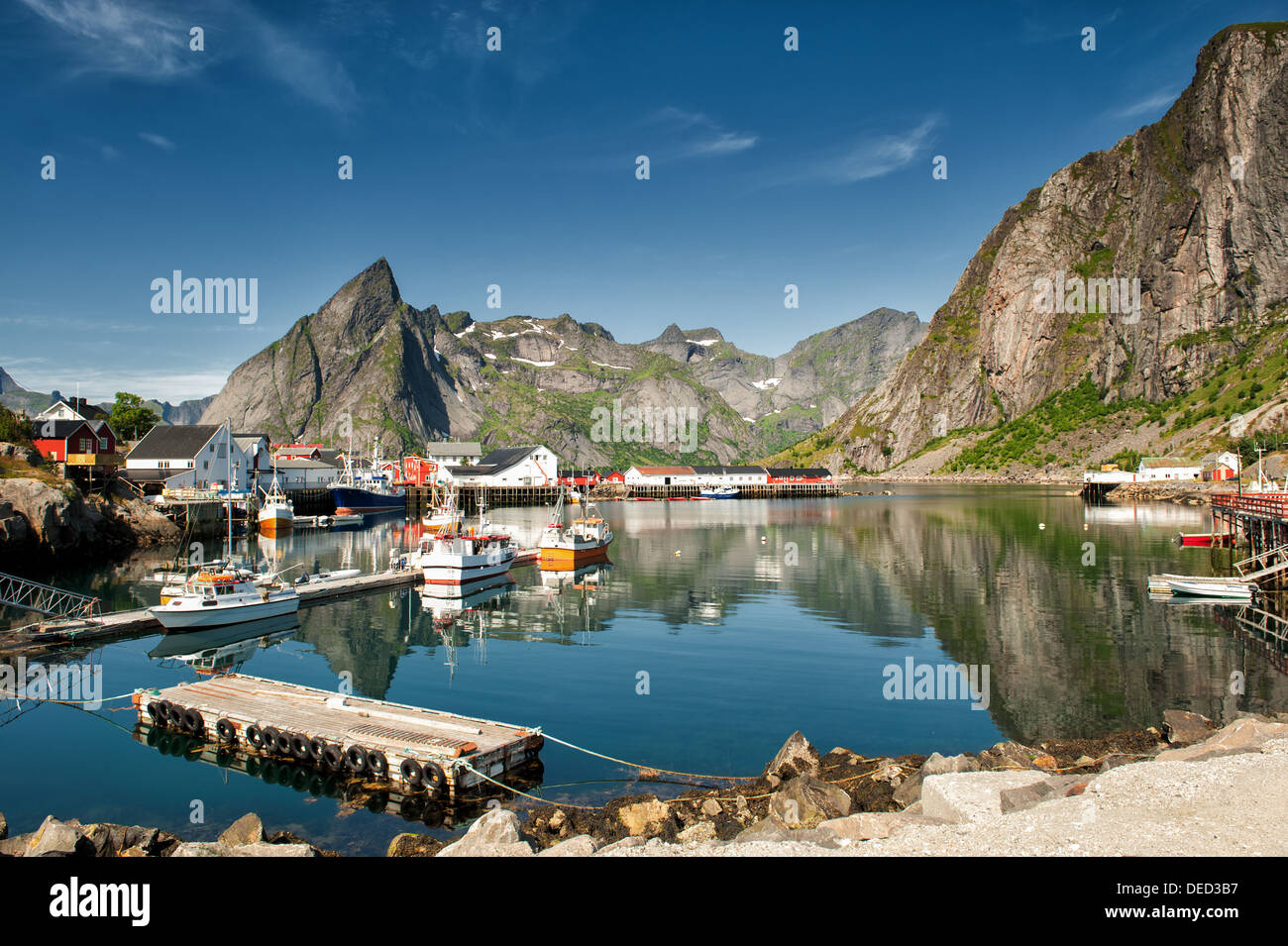 Fishing harbor in Hamnoya at Lofoten in northern Norway Stock Photo