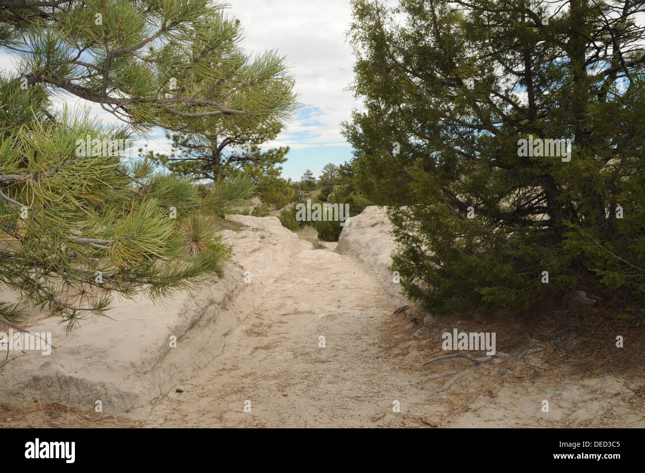 Oregon Trail ruts near Guernsey, WY, a National Historic Monument. The ruts mark the passage of countless pioneers and settlers. Stock Photo