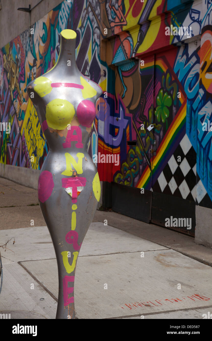 Detroit, Michigan - A mannequin advertises an antique shop in the Eastern Market district. Stock Photo