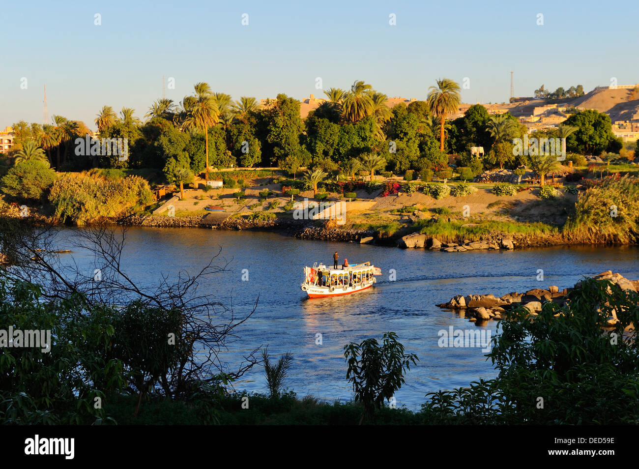 View across River Nile to Aswan Botanical Garden (formerly called Kitchener's Island) - Aswan, Upper Egypt Stock Photo