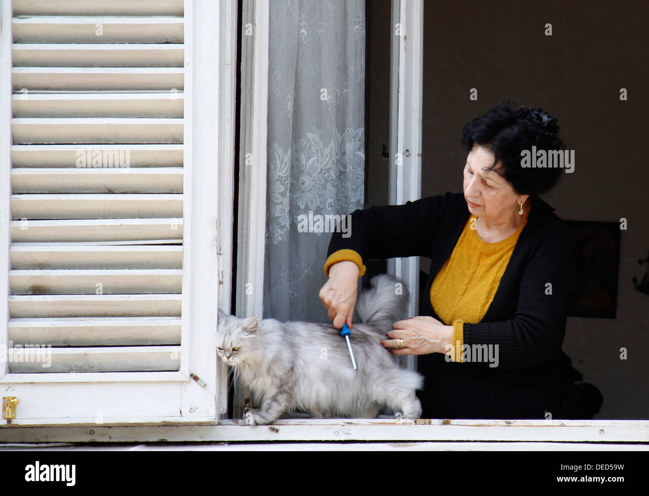 Tbilisi, Georgia, a woman at the window with her cat Stock Photo