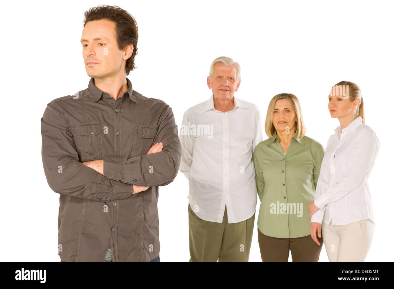 husband wife father in law mother in law standing on white background Stock Photo