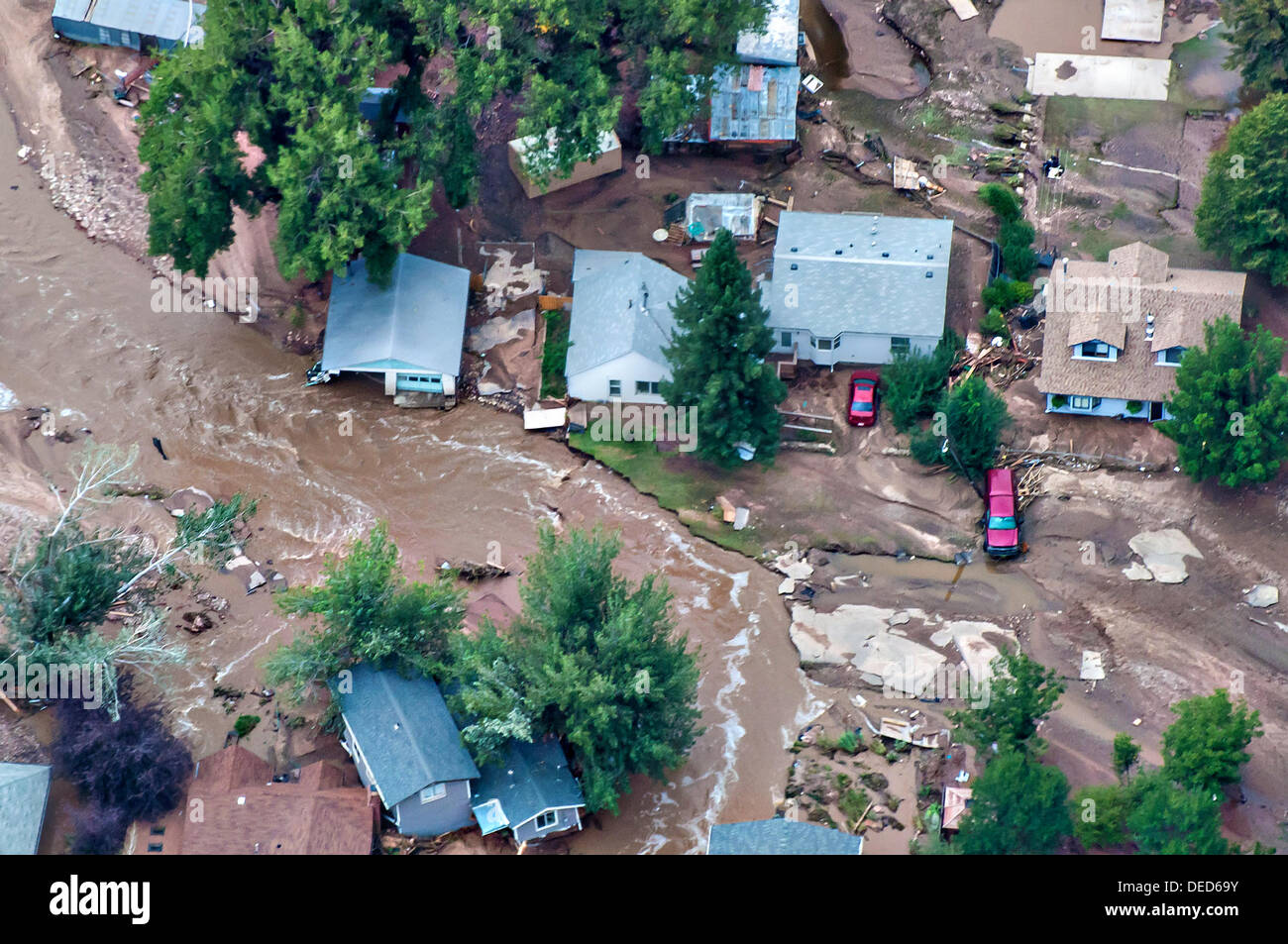 Aerial view of homes destroyed along the Big Thompson River in Northern Colorado washed out following severe flooding September 14, 2013 in Longmont, Colorado. Stock Photo