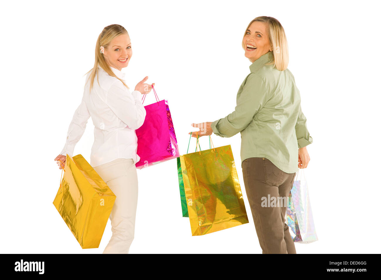 women mother and doughter carring shopping bags isolated on white background Stock Photo