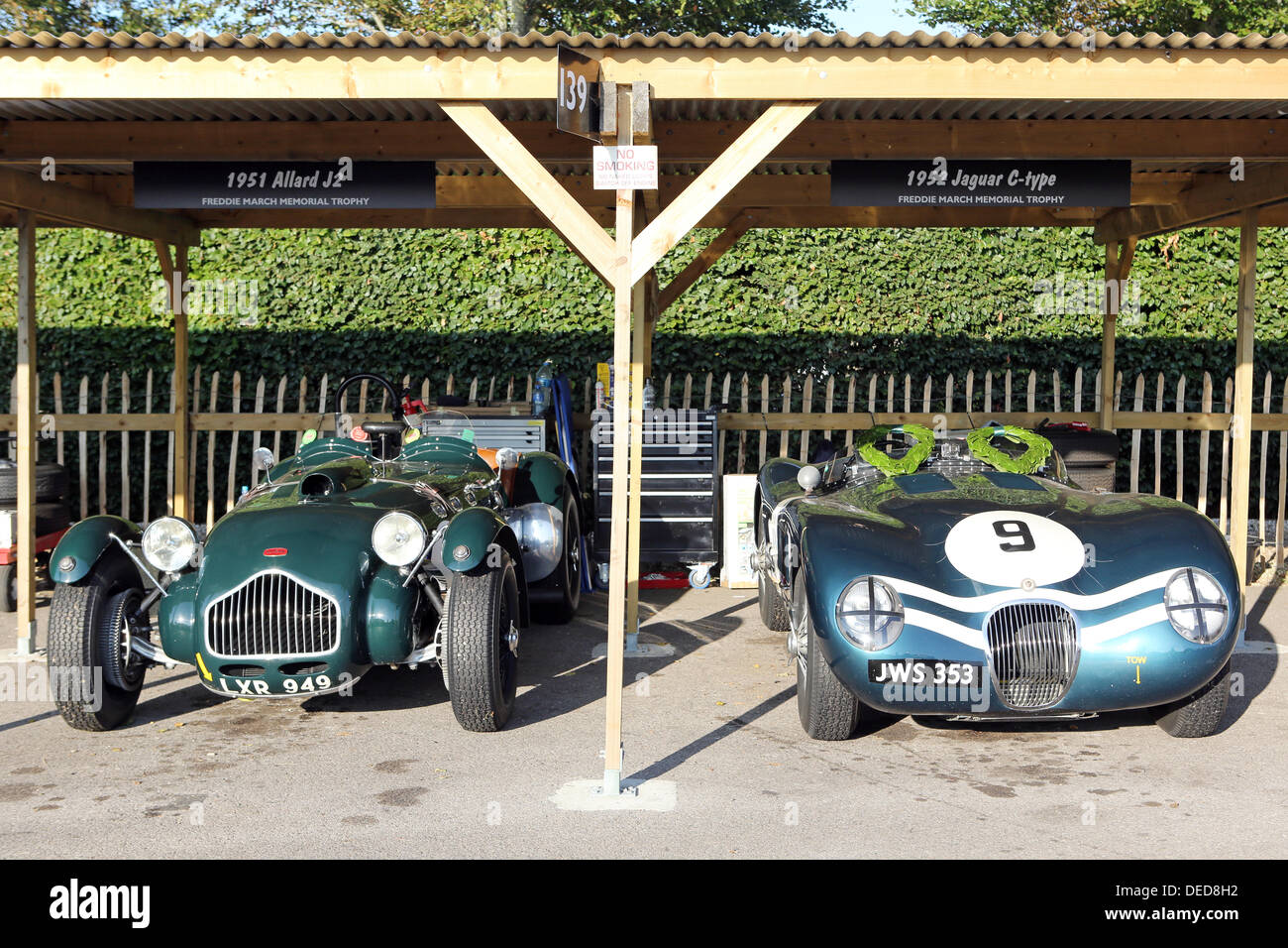 Chichester, UK . 15th Sep, 2013. Goodwood Revival 2013 at The Goodwood Motor Circuit - Photo shows 1951 Allard J2 and a 1952 Jaguar C-type © Oliver Dixon/Alamy Live News Stock Photo