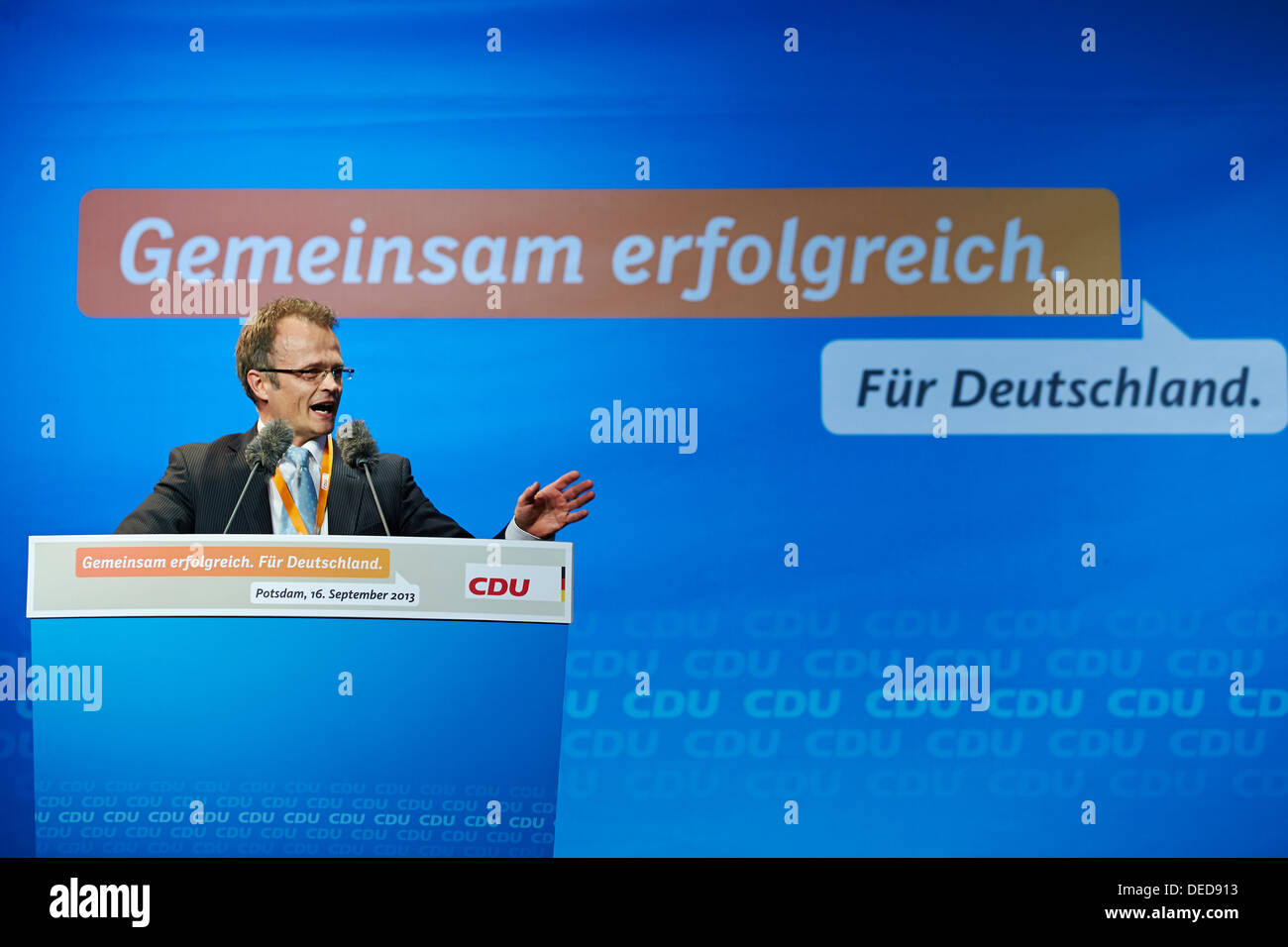 Potsdam, Germany. 16th Sep, 2013. Within the election campaign program 2013,  Angela Merkel , German Chancellor and Top canditate of the CDU, visits Potsdam.  / Picture: Professor Michael Schierack, Chairman of the CDU Brandenburg, during her speech to the election campaign for the German Elections 2013 in Potsdam. © Reynaldo Chaib Paganelli/Alamy Live News Stock Photo