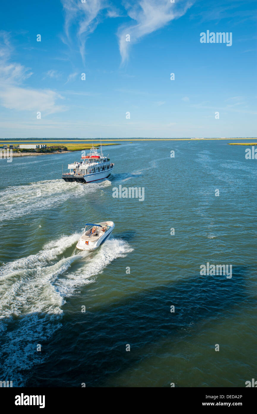 USA New Jersey NJ N.J. Boating on the Middle Thorofare waterway near