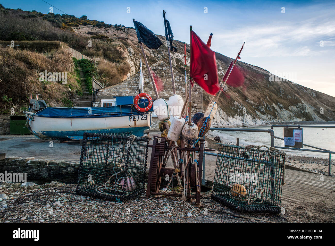 Fishing Equipment And Lobster Pot Markers On The Beach At Lulworth Cove 