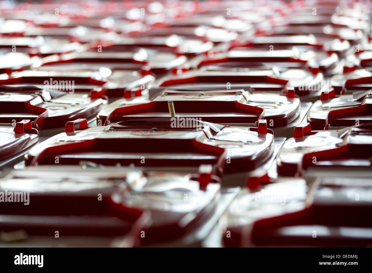 Locked ballot boxes filled with voting documents stand in a storage ...