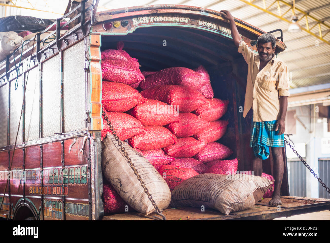 Portrait of a worker at Dambulla vegetable market, Dambulla, Central Province, Sri Lanka, Asia Stock Photo