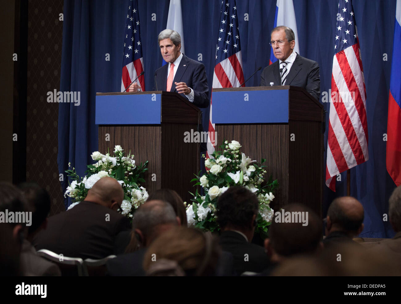 Secretary Kerry Speaks at News Conference with Foreign Minister Lavrov Stock Photo
