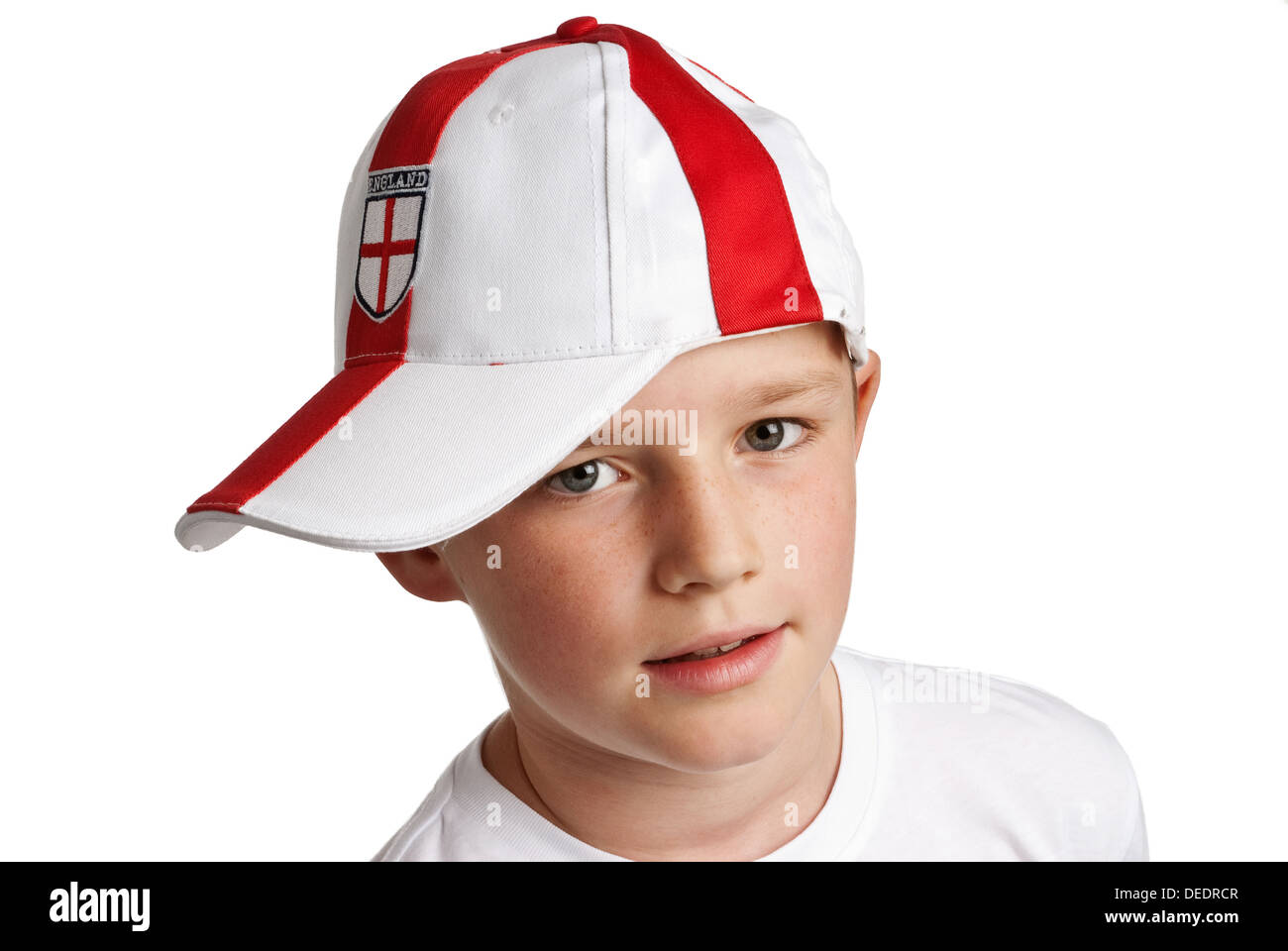 Boy wearing England Football Cap. Studio on white background Stock