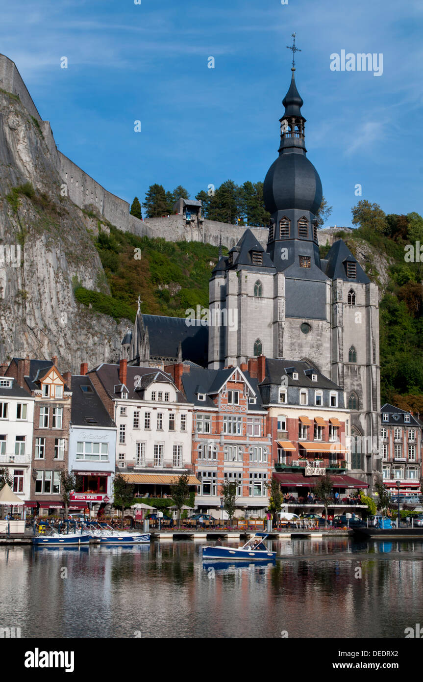 View across River Meuse showing Collegiate Church of Notre-Dame, Dinant, Wallonia, Belgium, Europe Stock Photo