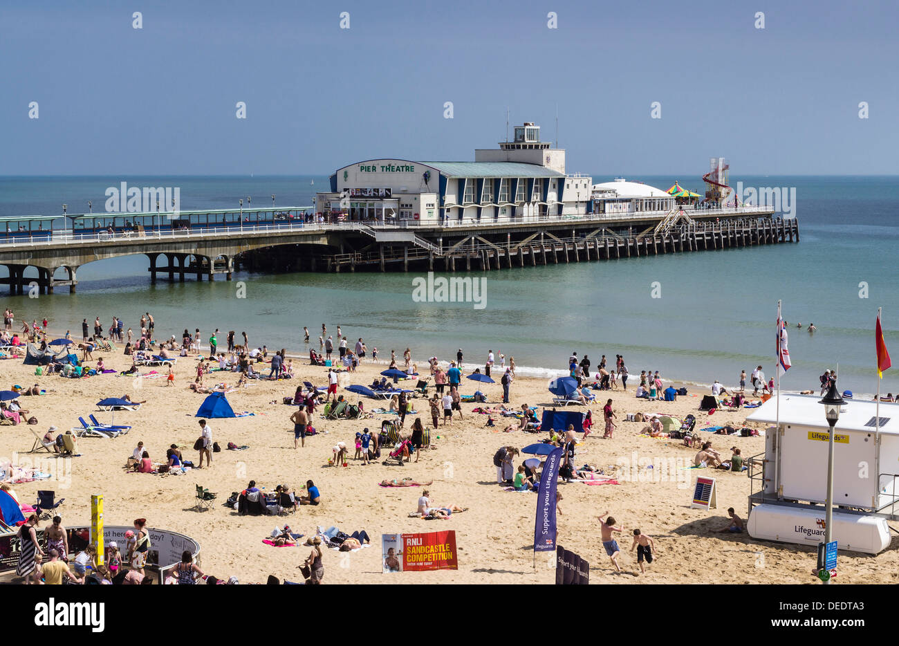 West Beach and Pier with calm sea, Bournemouth, Dorset, England, United Kingdom, Europe Stock Photo