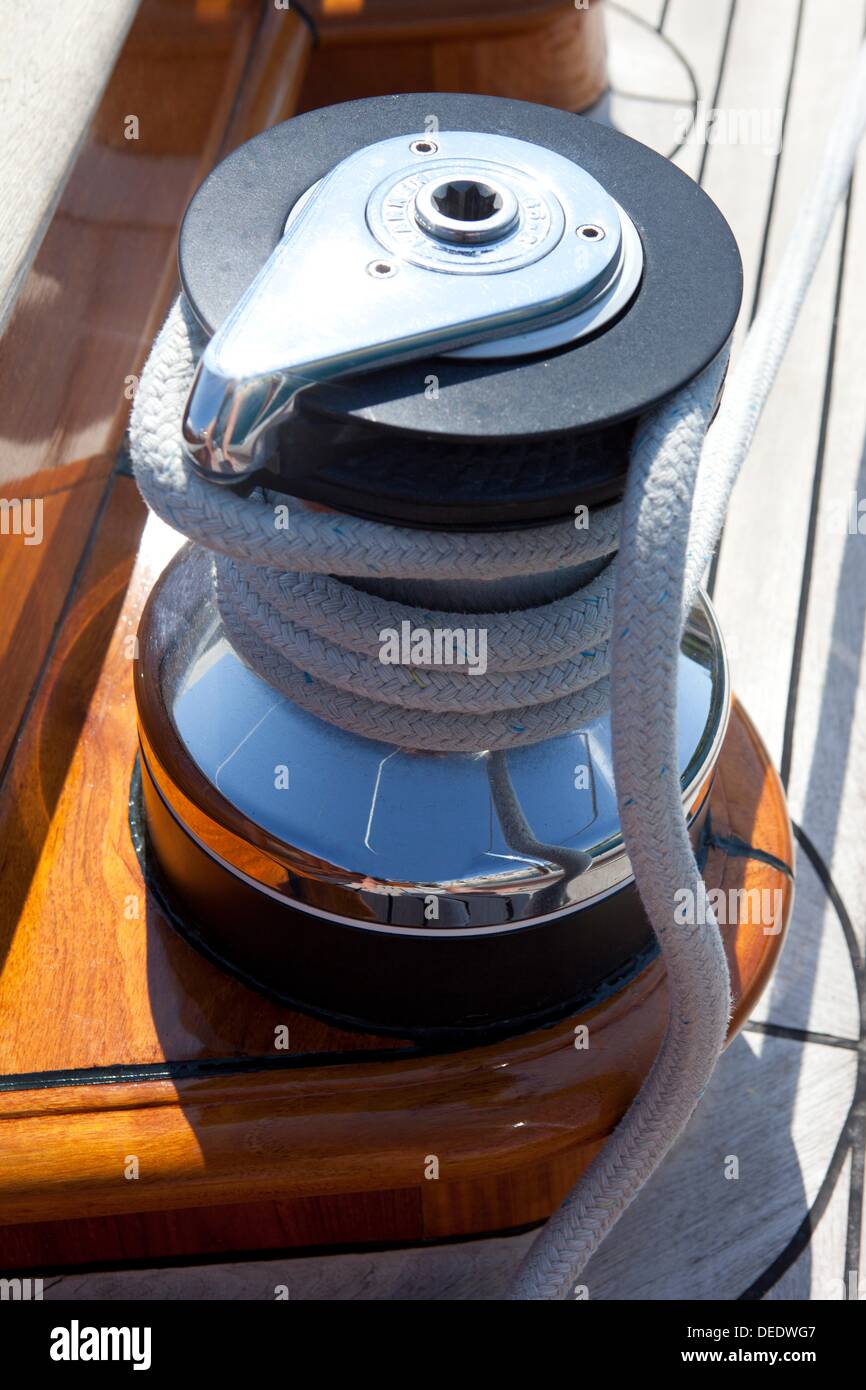 Winch on a classic yacht Stock Photo Alamy
