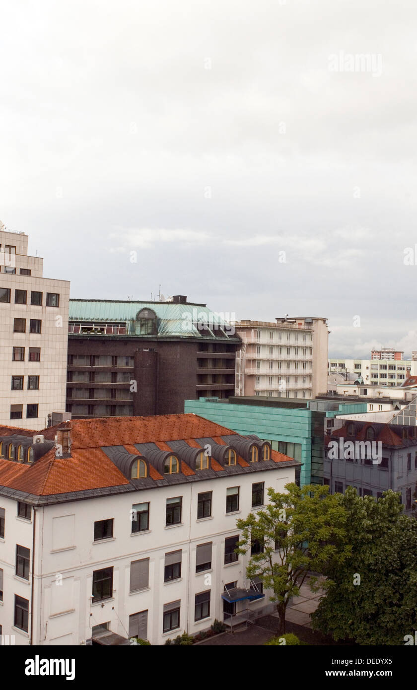 cityscape rooftop view of office buildings apartments condos business Ljubljana Slovenia Europe Slovenian architecture Stock Photo