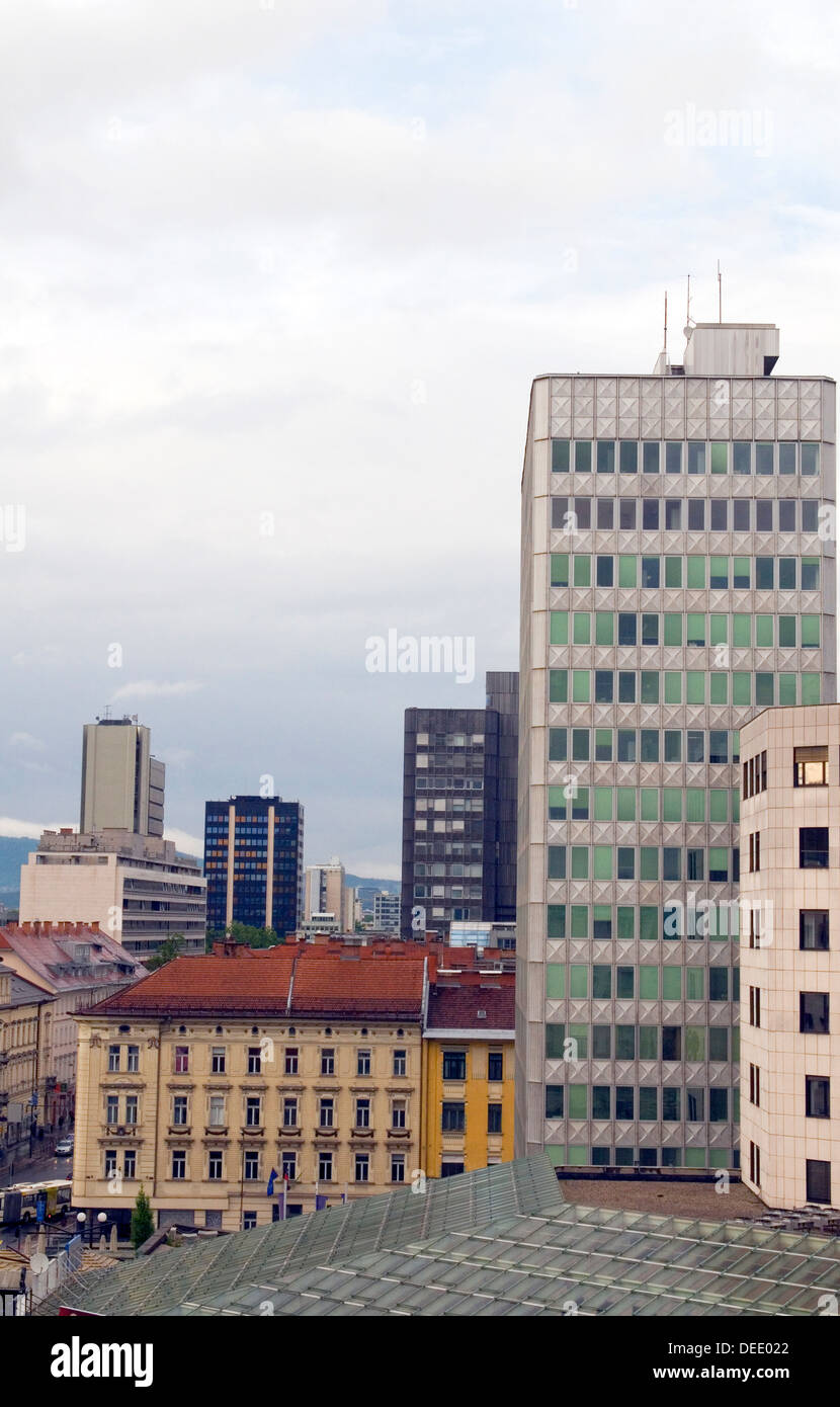 cityscape rooftop view of office buildings apartments condos business Ljubljana Slovenia Europe Slovenian architecture Stock Photo