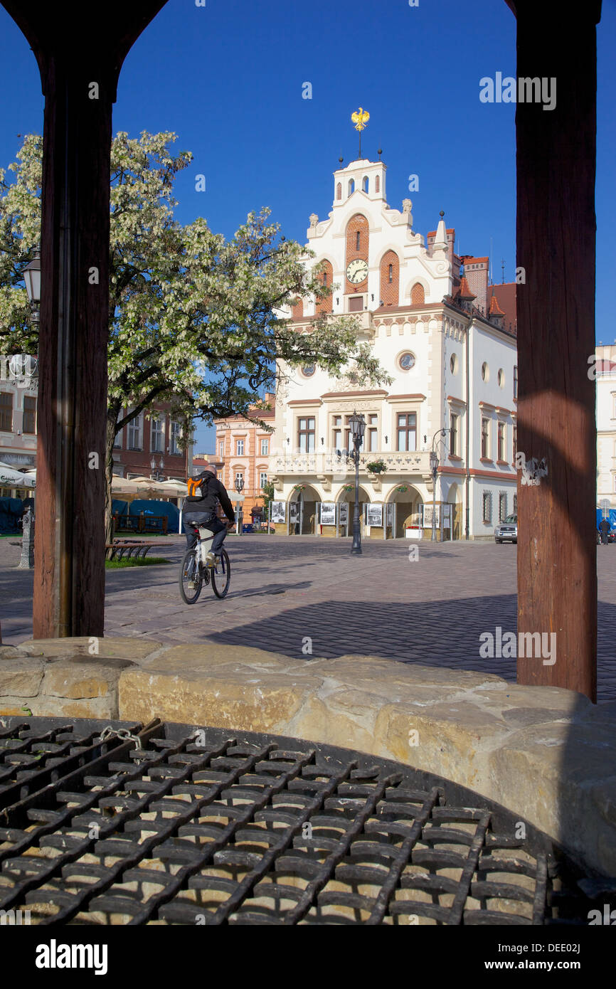 City Hall and well, Market Square, Old Town, Rzeszow, Poland, Europe Stock Photo