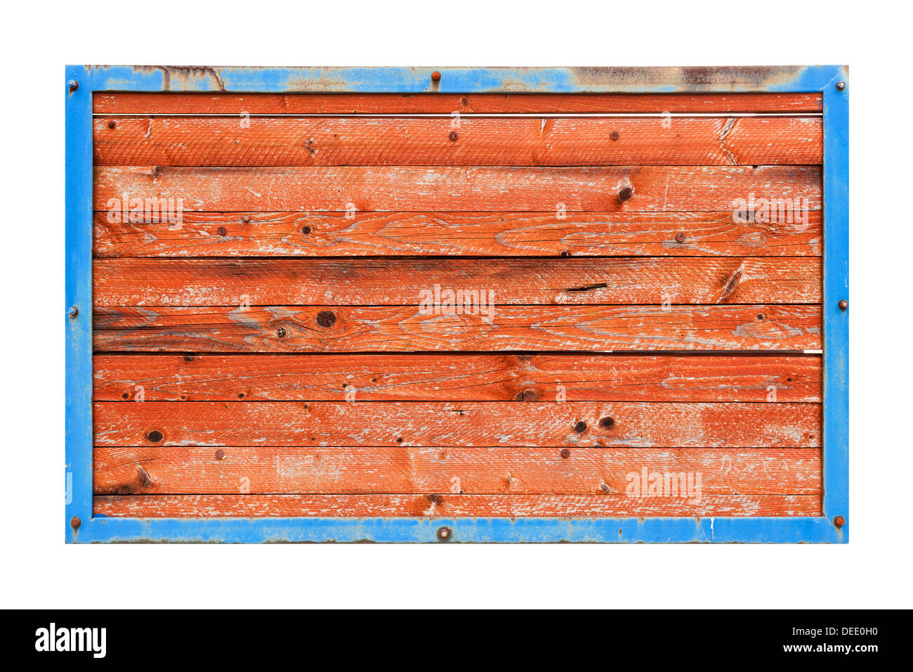 Red wooden boards in blue metal frame isolated on white Stock Photo