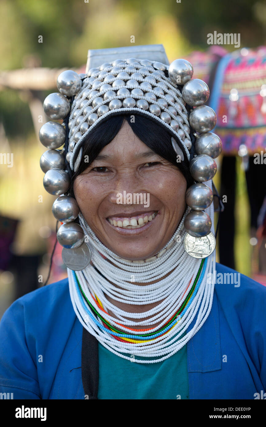 Loimi-Akha woman with silver balled headdress, near Kengtung, Shan State, Myanmar (Burma), Asia Stock Photo