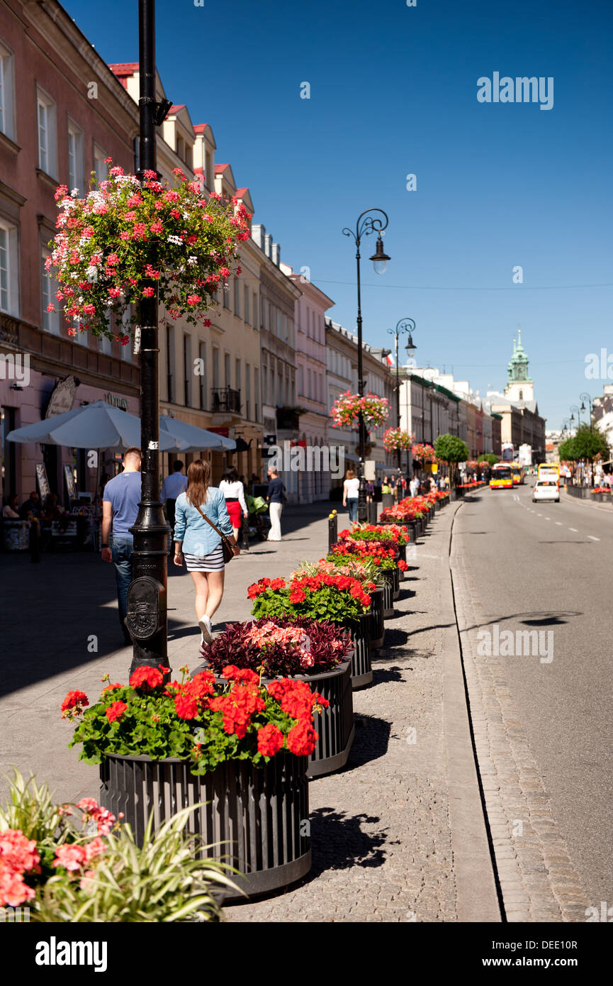 flowers growing along street Nowy Świat in Warsaw Stock Photo