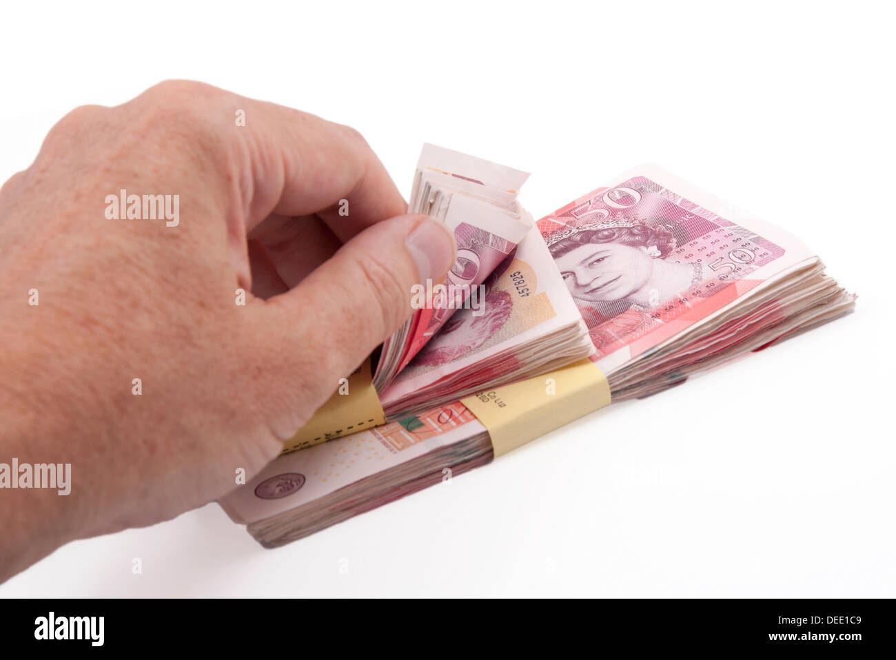 counting fifty pound notes Stock Photo