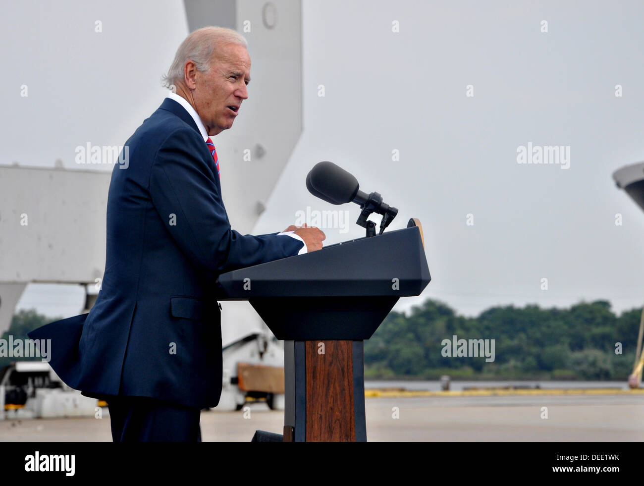 US Vice President Joe Biden gives a speech at the Georgia Ports Authority's Garden City Ocean Terminal September 16, 2013 in Savannah, GA. Biden spoke about the importance of infrastructure investment to exports, economic competitiveness, and job creation. Stock Photo
