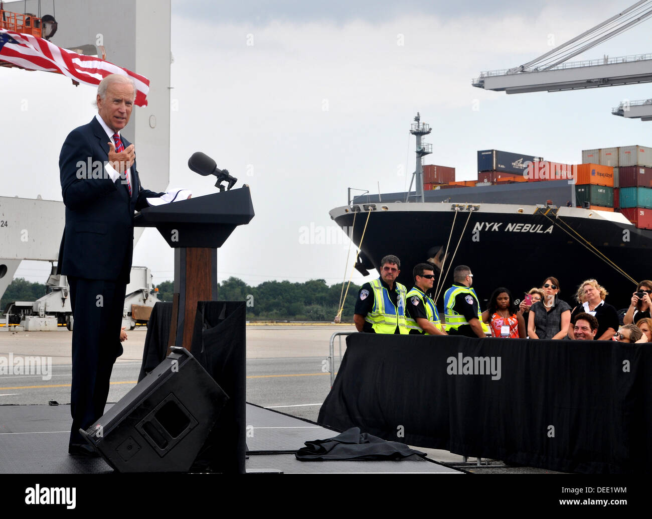 US Vice President Joe Biden gives a speech at the Georgia Ports Authority's Garden City Ocean Terminal September 16, 2013 in Savannah, GA. Biden spoke about the importance of infrastructure investment to exports, economic competitiveness, and job creation. Stock Photo
