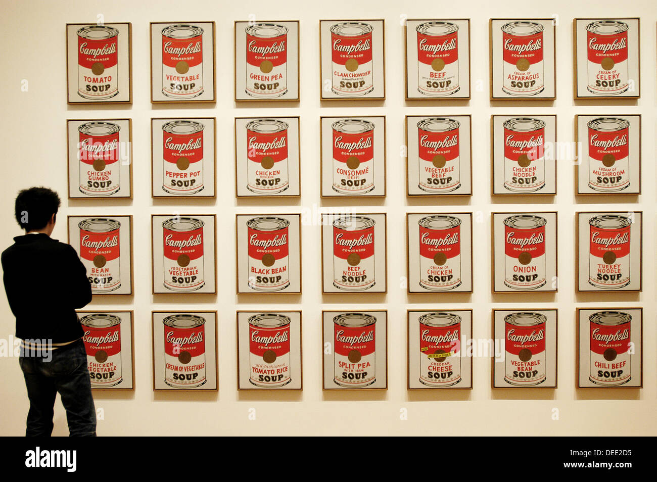 Visitor looking at Campbell´s Soup cans by Andy Warhol, Museum of Modern Art. New York City. USA Stock Photo