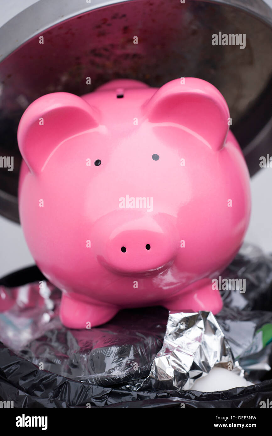 Piggy bank in a dust bin Stock Photo Alamy