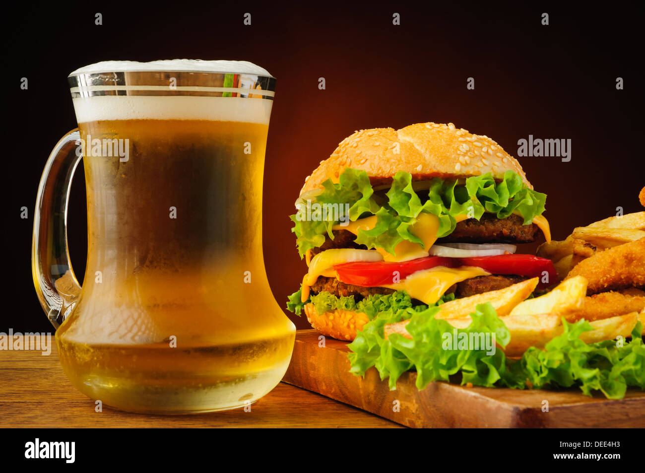 still life with fast food and fresh cold beer Stock Photo Alamy